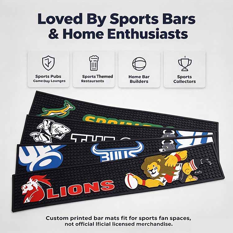 Bar mat for home bar loved by sports pubs, home bar builders, and collectors.