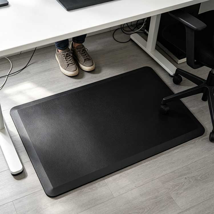 Standing desk mat under an active workstation supporting legs and feet during long working sessions.