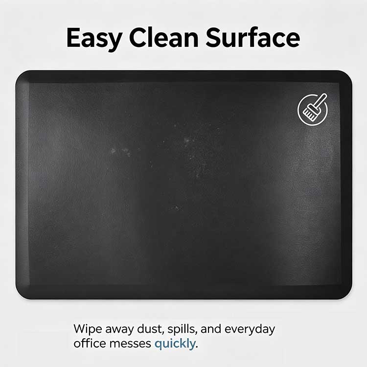 Easy-clean surface of a standing desk mat repelling dust and spills, wiping clean.