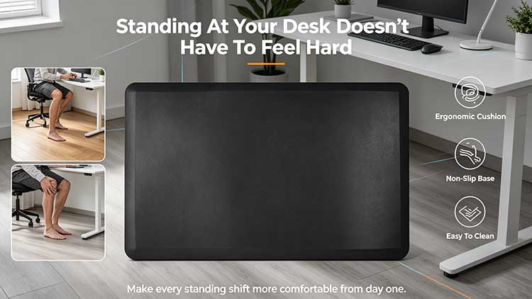 Ultra-thick 16x24 standing desk mat providing ergonomic cushion for home office hardwood floors.
