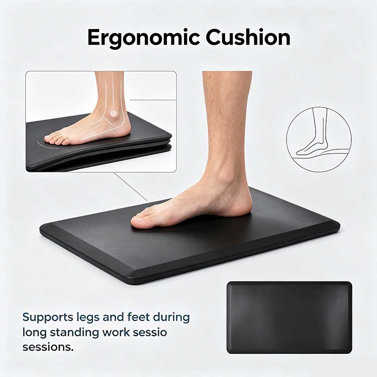 Close-up of the ergonomic cushion under bare feet showing relief for legs and feet.