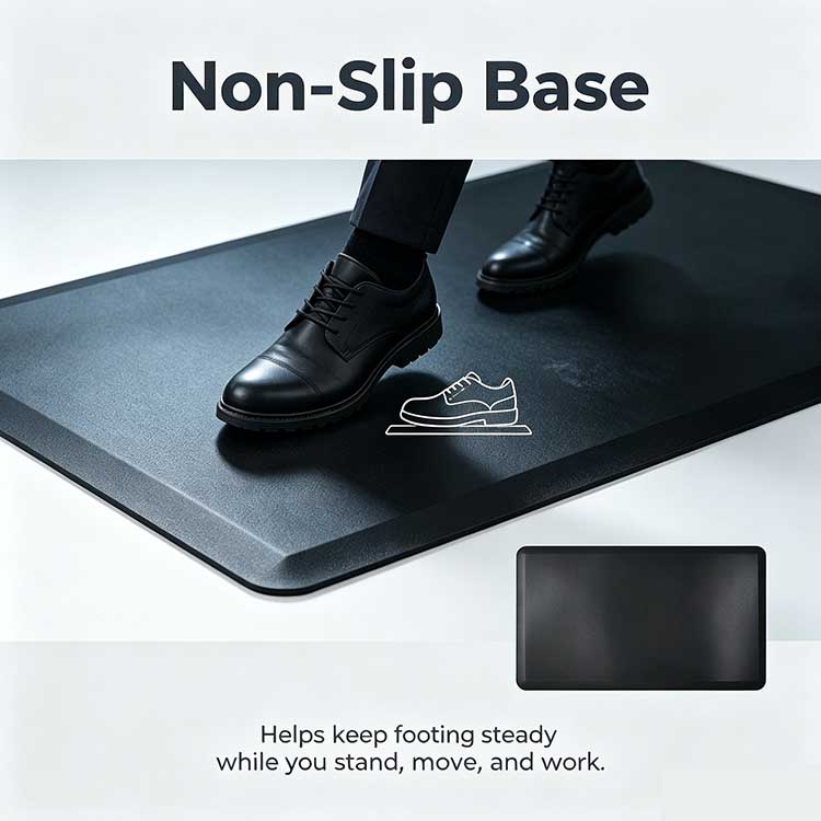 Non-slip standing desk mat gripping floor under office shoes to prevent sliding.