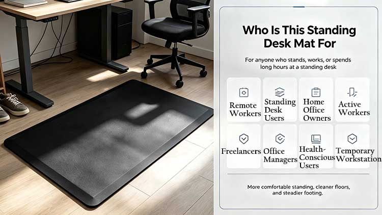 Standing desk mat targeting office managers, remote workers, and B2B distributors.