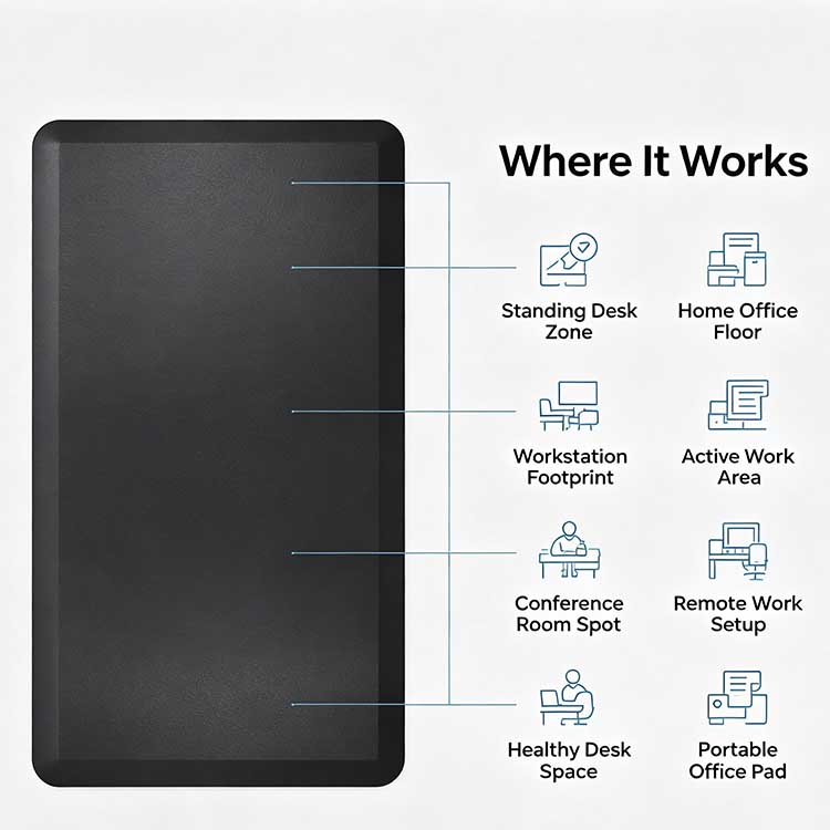Versatile standing desk mat for home offices, conference rooms, and remote workstations.
