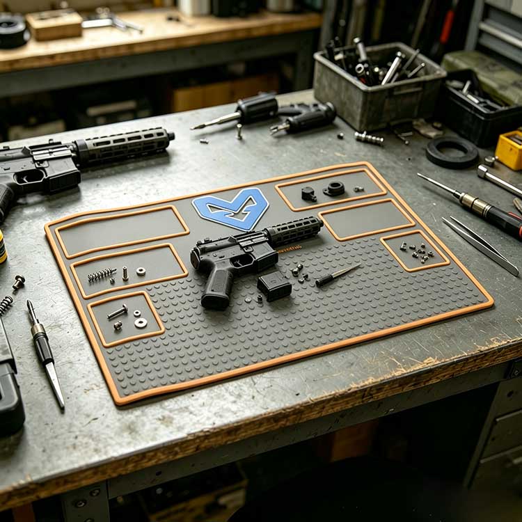Tactical work mat with airsoft style layout and orange borders for workshop.
