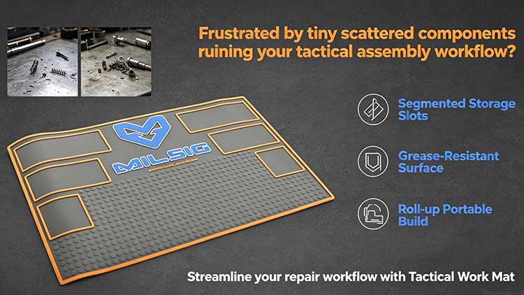 Non-slip tactical work mat with segmented storage slots for airsoft and gear assembly.