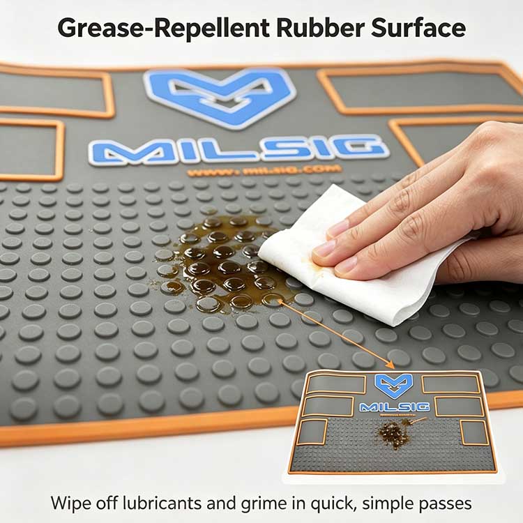 Grease repellent tactical work mat wiping clean lubricants and grime easily.