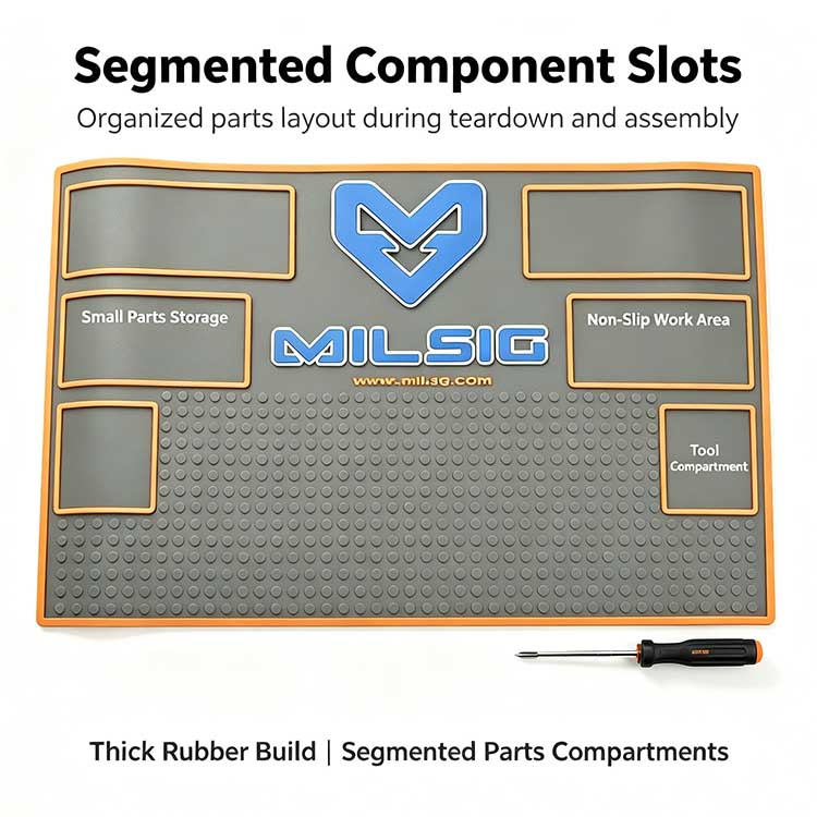 Tactical work mat with 6 segmented component slots for airsoft parts organization.