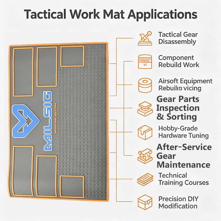 Multi-scenario tactical work mat for airsoft and outdoor gear maintenance.