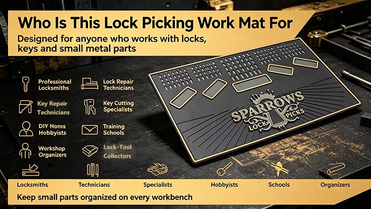 Rubber lock picking work mat for professional locksmiths security techs and hobbyists.
