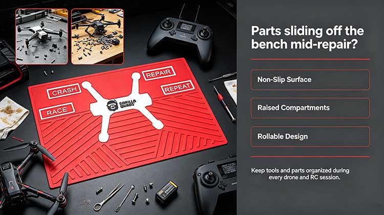 Heavy-duty FPV drone tech mat with non-slip surface and organized zones