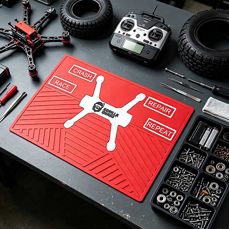 FPV drone workshop setup using a tech mat to organize tools and components