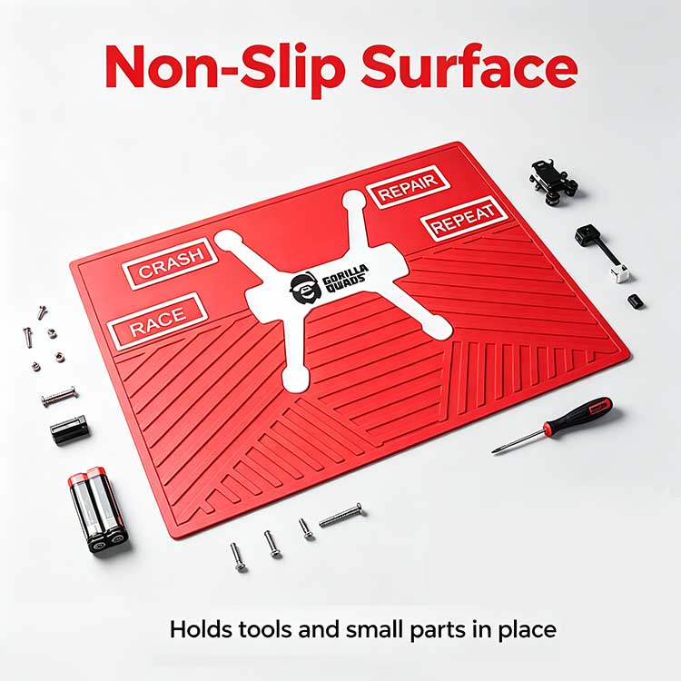 Textured non-slip surface on a tech mat holding drone components