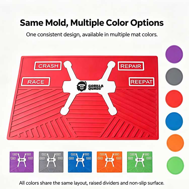 Red, Blue, Orange, Green, Purple, and Grey color options for custom tech mat branding
