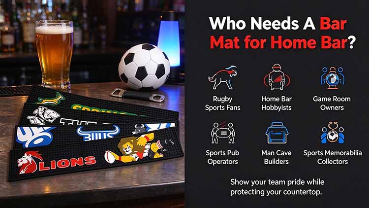 Bar mat for home bar for rugby fans, game room owners, and sports pub operators.