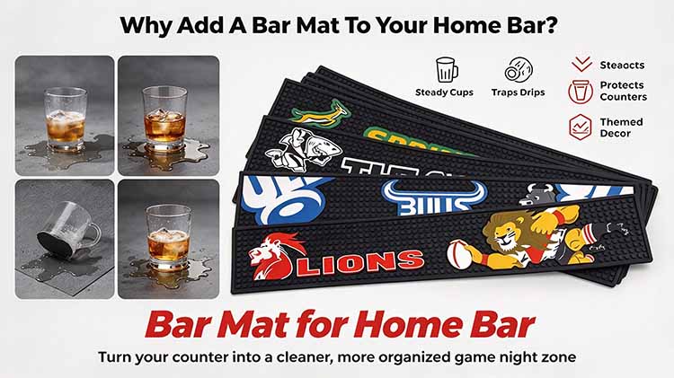 Comparison of messy counters vs using a bar mat for home bar to organize game night.