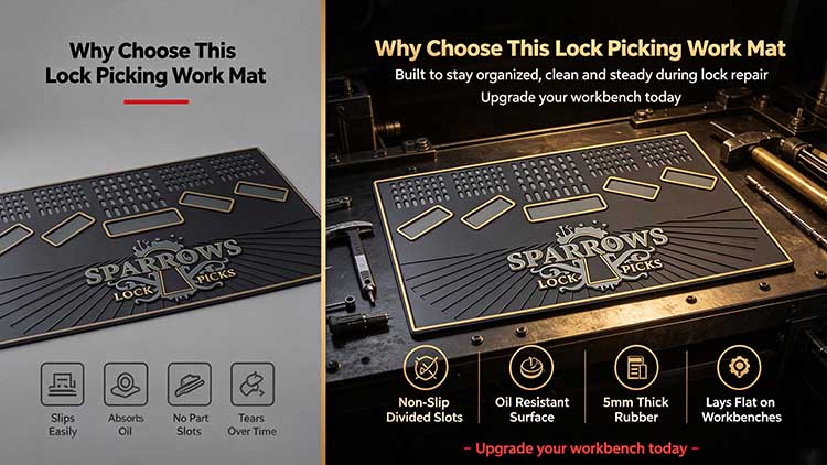 Comparison of standard foam pad versus rubber lock picking work mat with slots