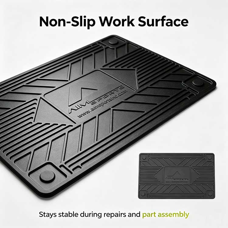 Geometric grooved texture on a workstation mat preventing small parts from sliding