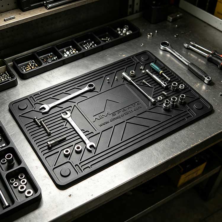 Rubber workstation mat organizing wrenches and sockets in a workshop setting
