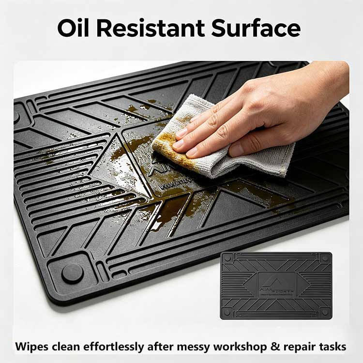 Oil-resistant rubber workstation mat repelling glues and workshop fluids
