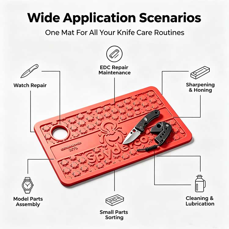 Red Spyderco silicone EDC knife repair mat multi-scene infographic for knife disassembly, EDC overhaul and hobby workshop maintenance