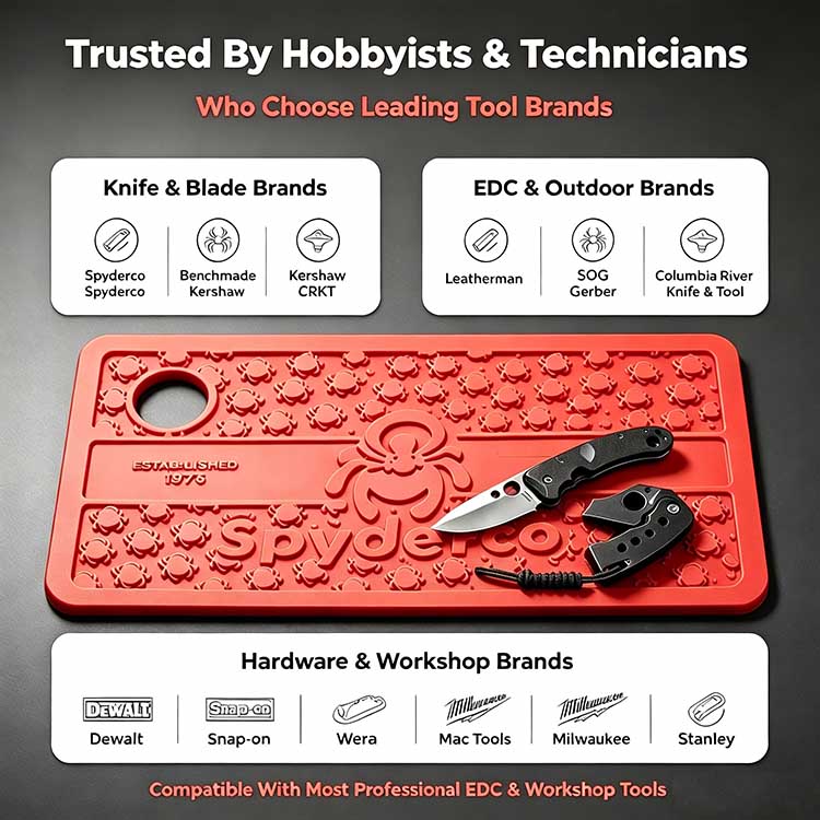 Red Spyderco embossed silicone EDC knife repair mat brand trust infographic for Benchmade, Leatherman, Dewalt tools