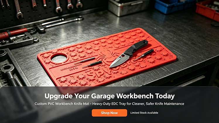 Custom PVC Workbench Knife Mat ideal for knife collectors, builders and garage workshop hobbyists
