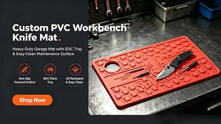 Custom knife mat with zoned storage, non-slip PVC EDC workbench pad for knife making and workshop use