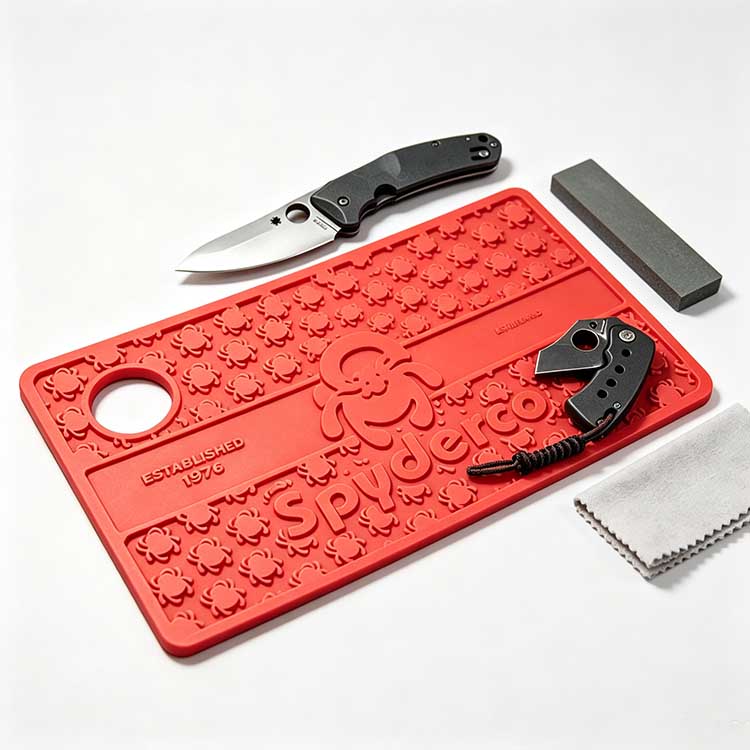 Zoned custom knife mat with grid storage, professional EDC workbench pad for knife hardware sorting