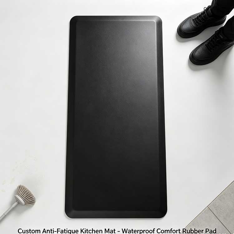 Custom 3x5 foot black waterproof anti-fatigue kitchen mat with smooth surface for OEM logo branding.