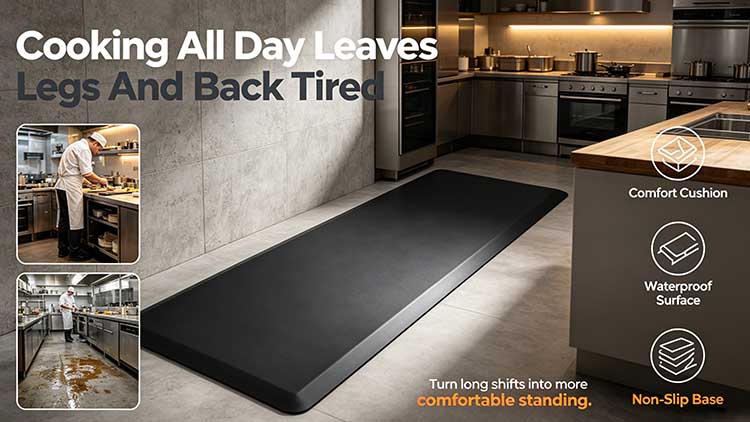 3x5 foot anti-fatigue kitchen mat in a modern home kitchen, providing cushioned support for standing chefs.
