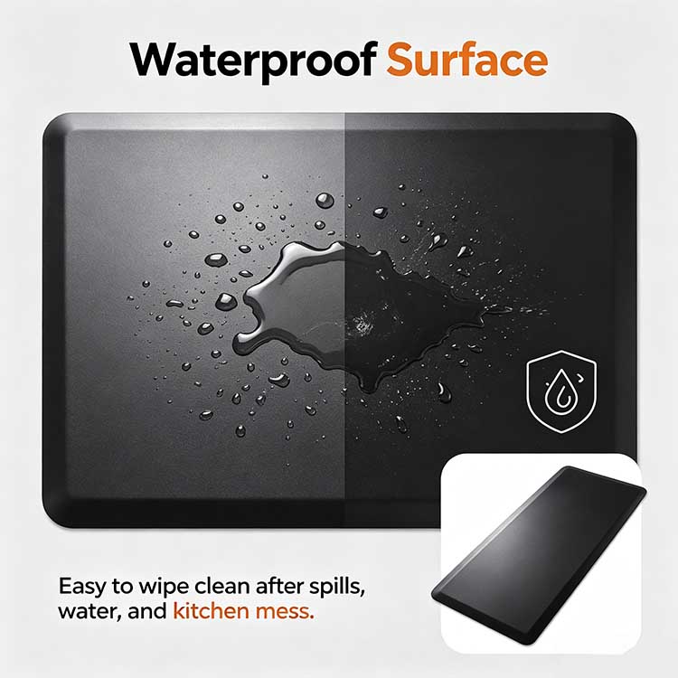 Close-up of an anti-fatigue kitchen mat repelling water droplets and oils on its 100% waterproof surface.
