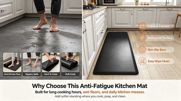 Comparison showing a thin 3mm PVC liner versus a heavy-duty 3x5 anti-fatigue kitchen mat.