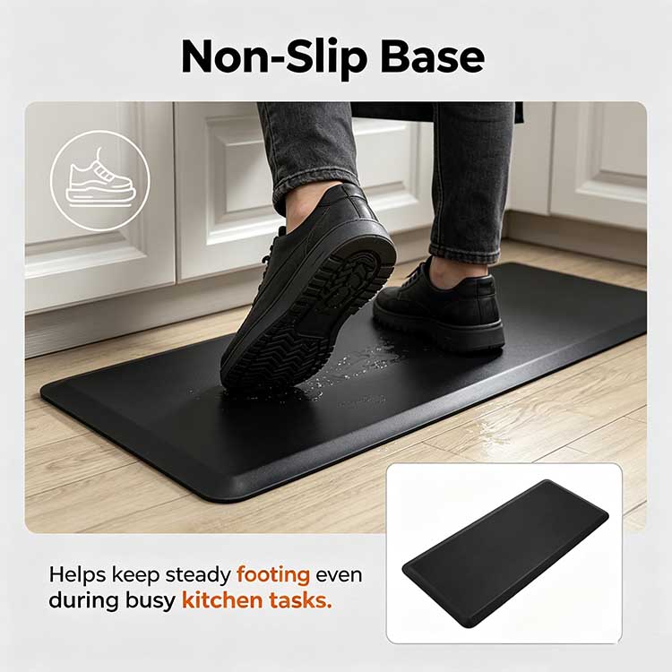 Non-slip anti-fatigue kitchen mat firmly gripping wet tiles beneath heavy work boots.