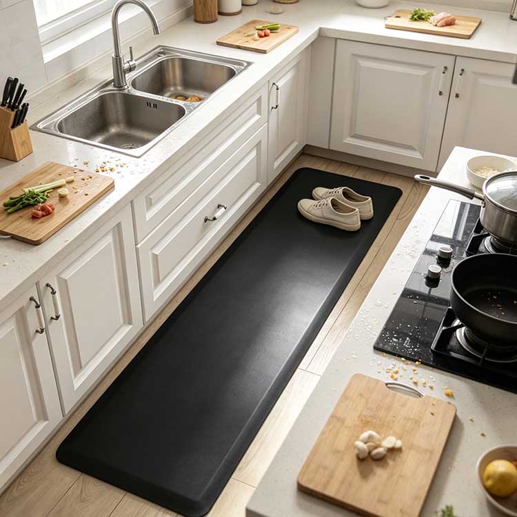 3x5 ft anti-fatigue kitchen mat placed between sink and stove providing ergonomic standing relief.