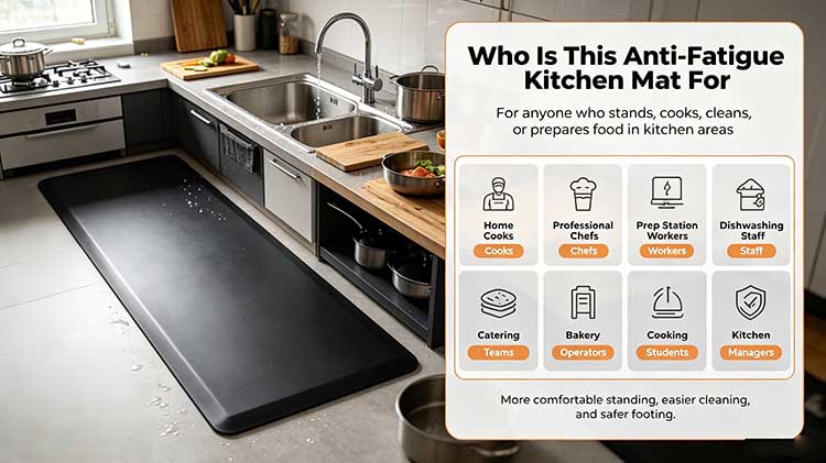 Anti-fatigue kitchen mat targeting professional chefs, staff, and home cooks.
