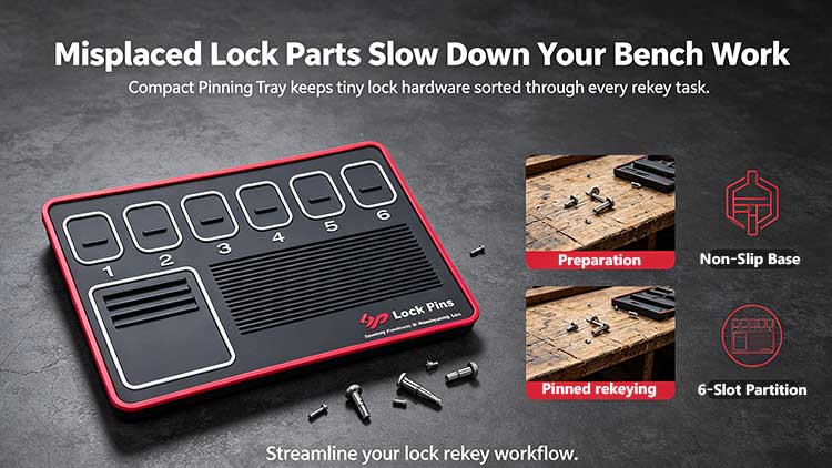 Compact 6-slot pinning tray for mobile locksmiths with non-slip rubber base and 305x203mm size.