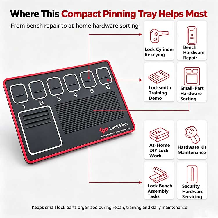Multi-scenario compact pinning tray for mobile locksmiths and field technicians.
