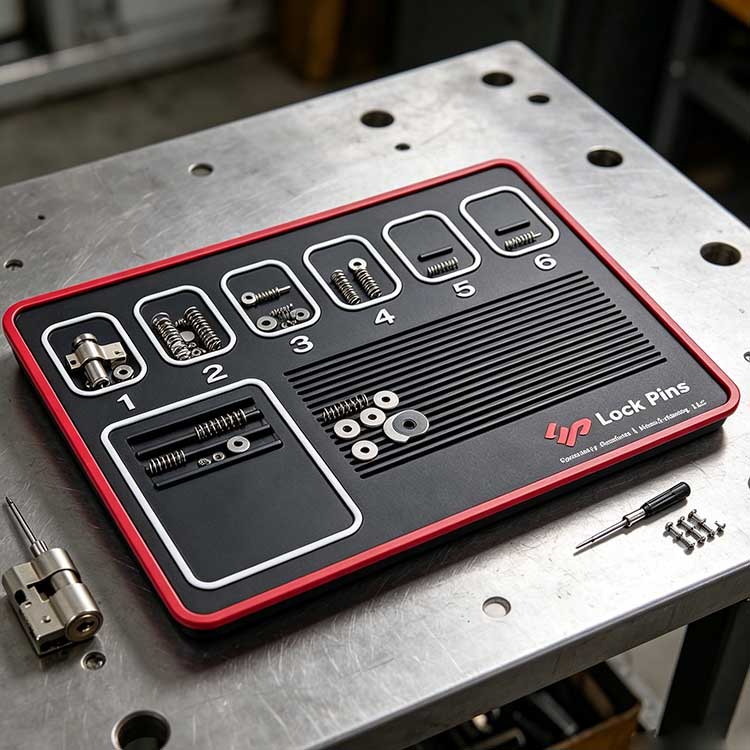 Compact pinning tray with multi-purpose storage pocket for lock tools.