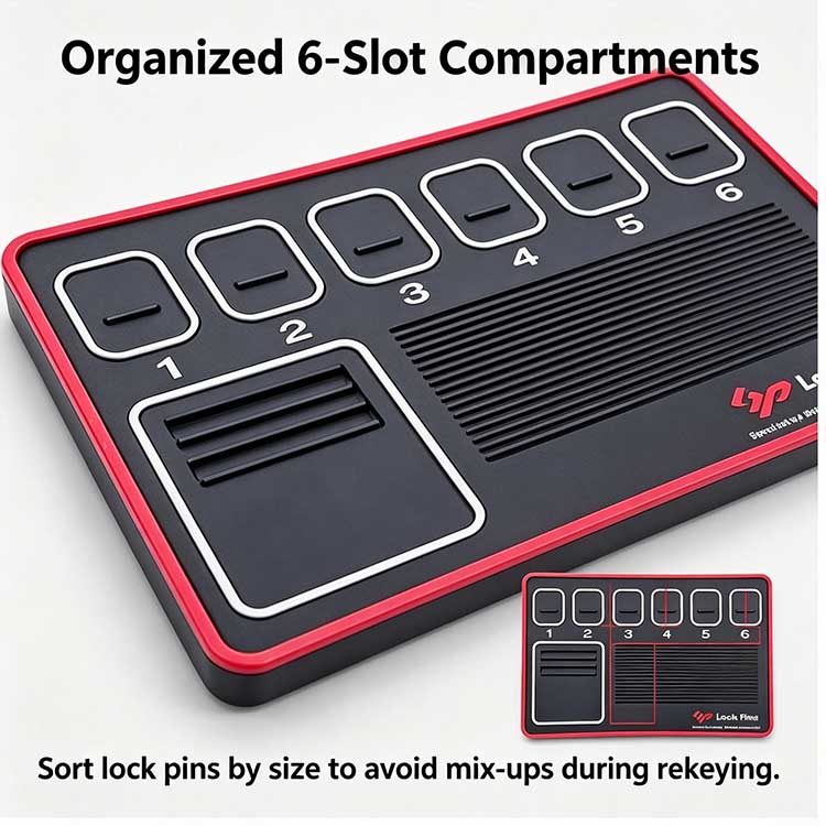 Compact pinning tray with 6 numbered slots for lock pin sorting.