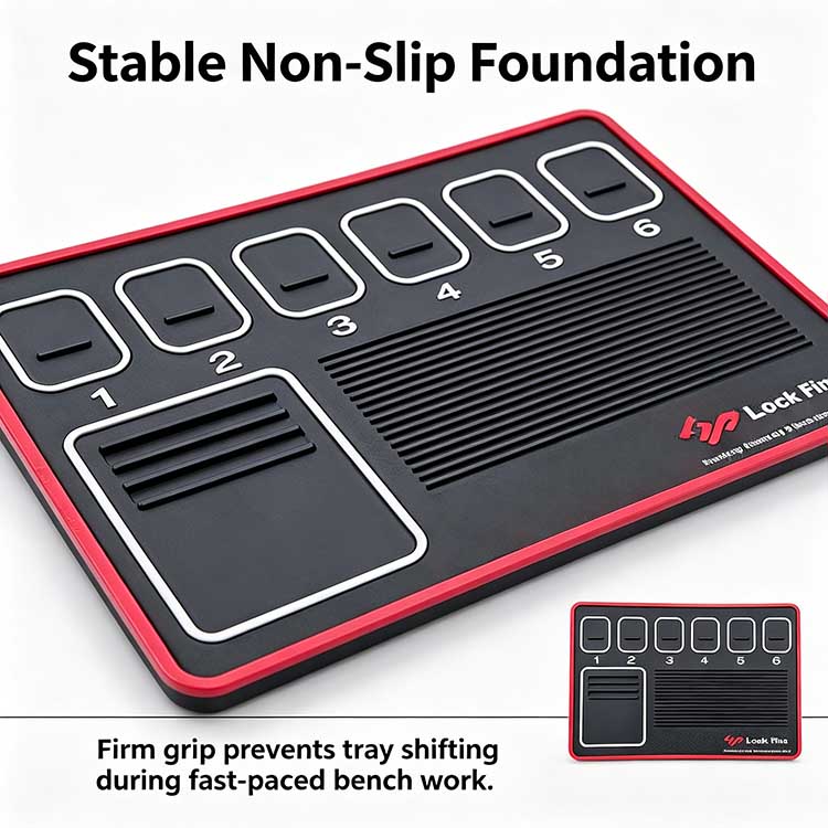 Non-slip rubber base on compact pinning tray preventing shifting.
