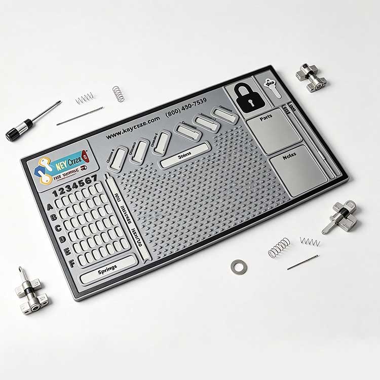 Cylinder rekey tray with A-F and 1-7 labeled pinning grid for auto locks.