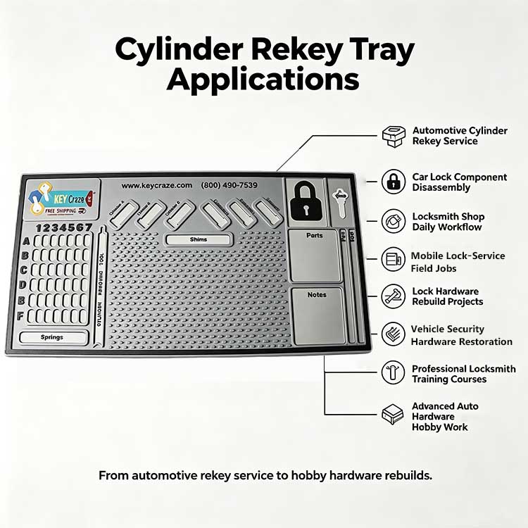 Multi-scenario cylinder rekey tray for auto locksmiths and mobile lock services.