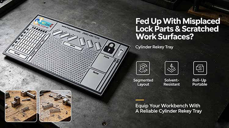 Automotive cylinder rekey tray with A-F pinning grid and shims storage on a workshop bench.
