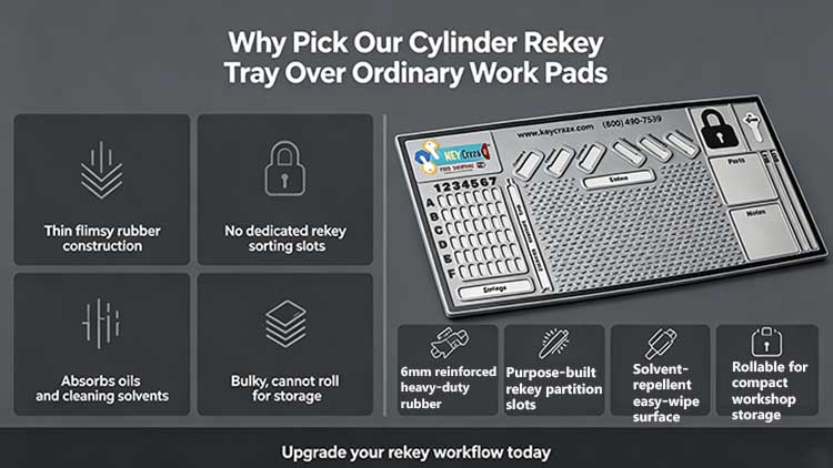 Comparison of ordinary work pad versus 6mm cylinder rekey tray with shims slots