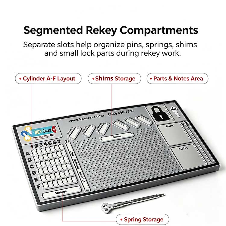 Cylinder rekey tray with dedicated shims and springs storage compartments.