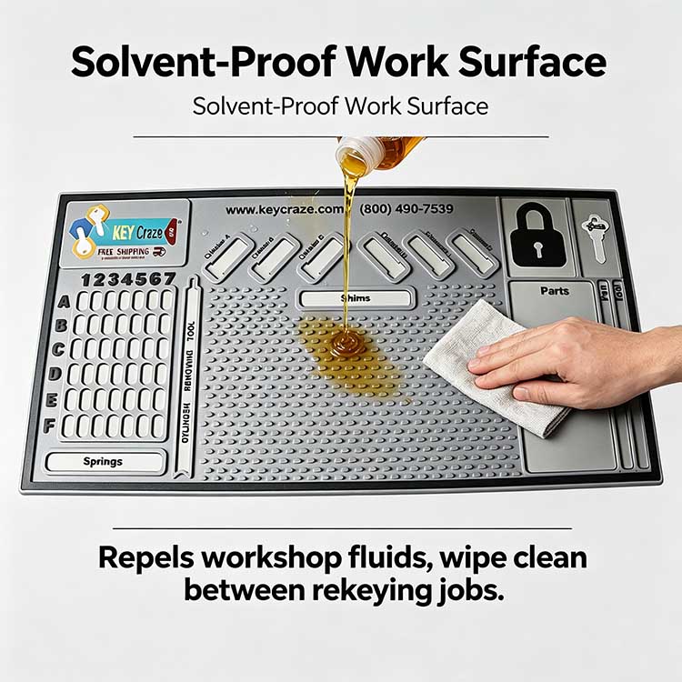 Solvent-proof cylinder rekey tray resisting automotive oils and wiping clean.