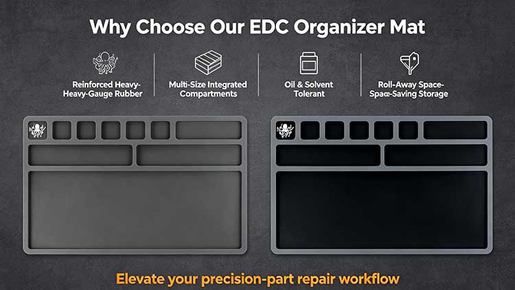 Comparison of heavy-duty EDC organizer mat versus basic flat foam mats.