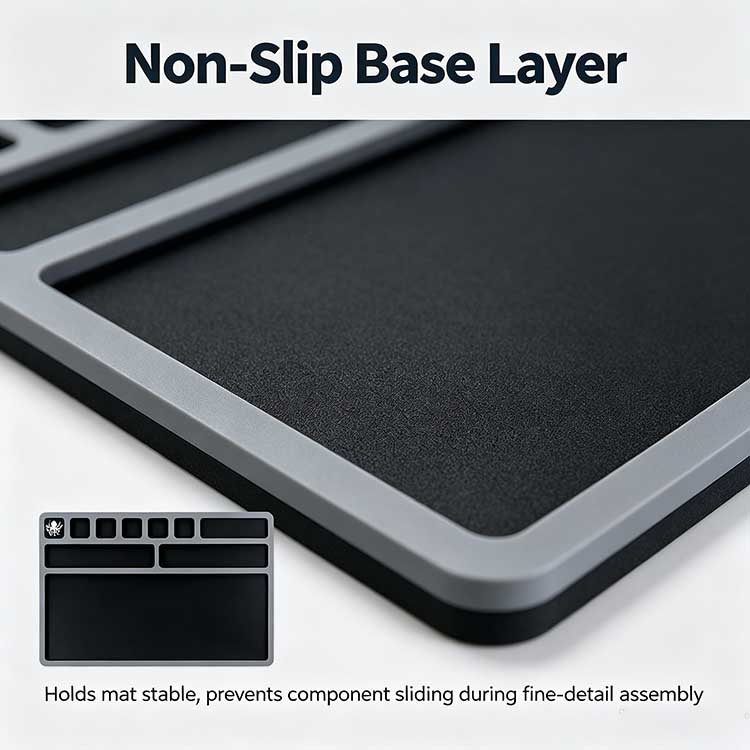 Non-slip base layer on an EDC organizer mat preventing component sliding.