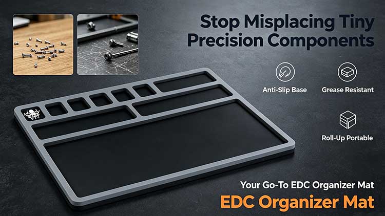 Multi-compartment non-slip EDC organizer mat for watch and precision tool assembly.